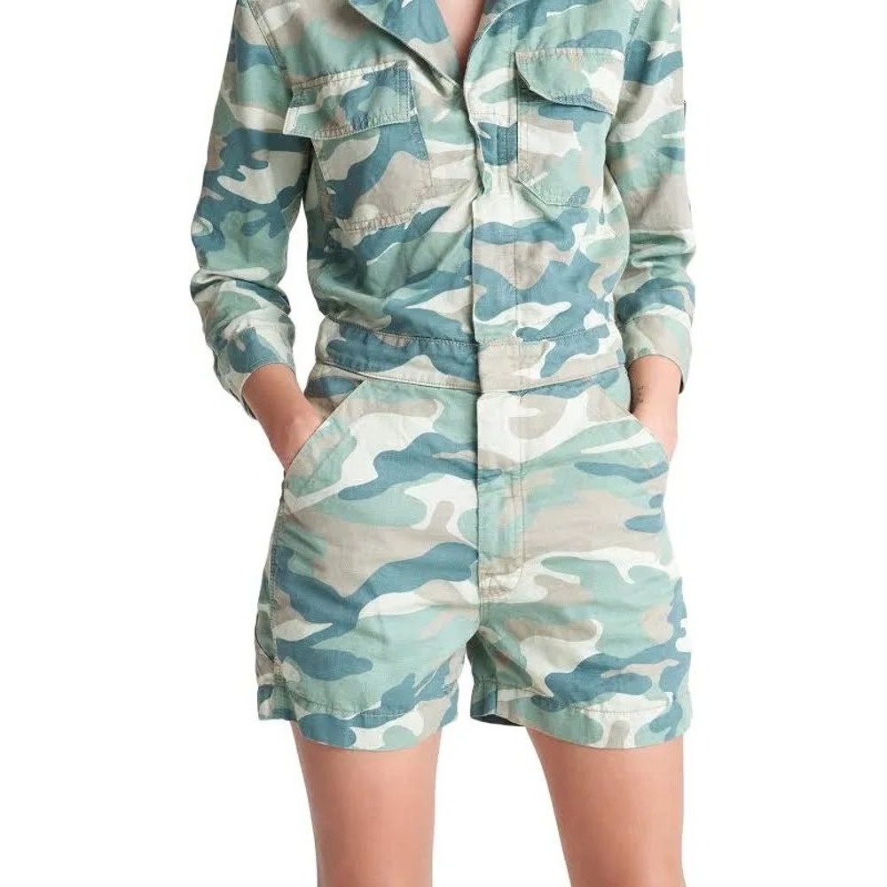 Mother The Fixer Short Romper Green Camo Utility Jumpsuit 9444-813 L - Picture 2 of 14